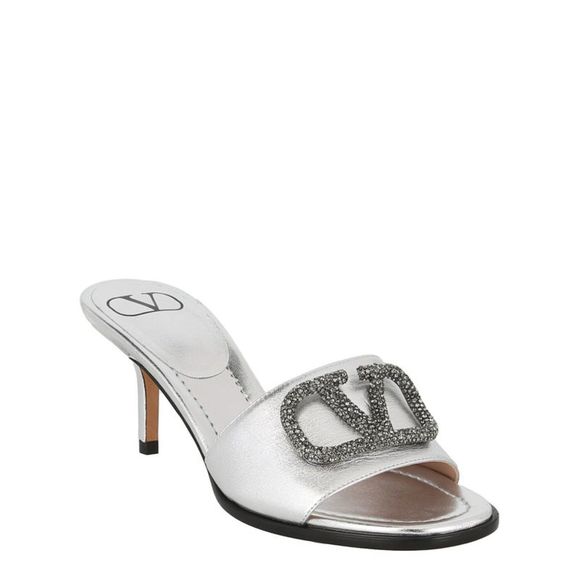 Valentino Metallic V-Logo Heel Sandals Silver Womens - Picture 2 of 4